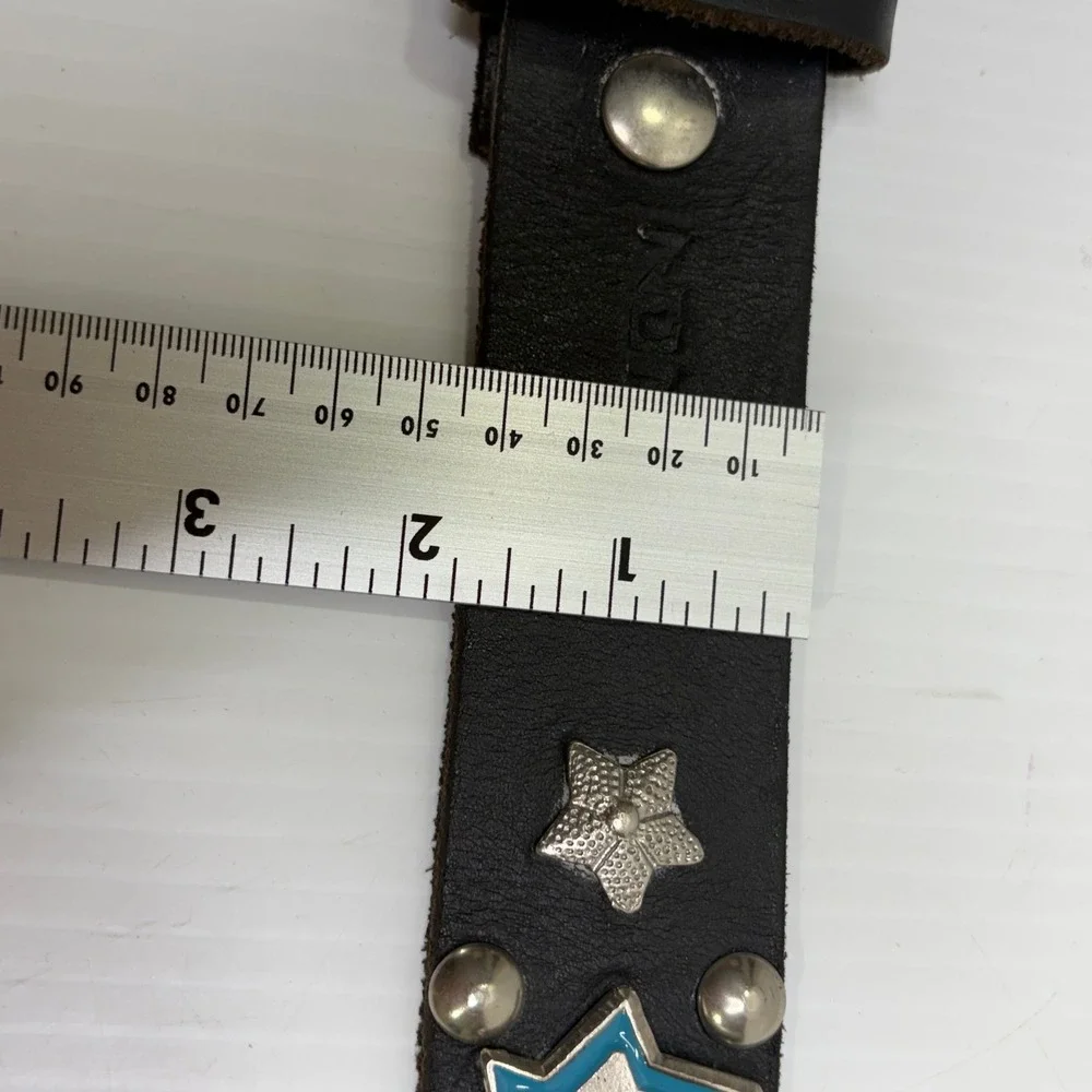 VTG Nomad  Y2K Black Leather Studded Star Belt Silver Enamel Punk Rock Grunge 85